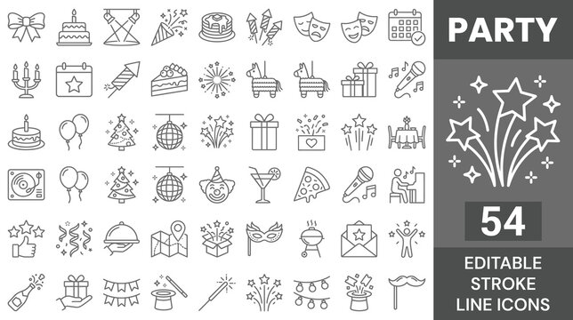 Party and Celebration Line Icon Set. 54 Editable Stroke Icons of Birthday, Wedding, Holiday Festival, Nightclub Disco, Carnival Mask, and Event Decoration, Vector Outline Symbols.