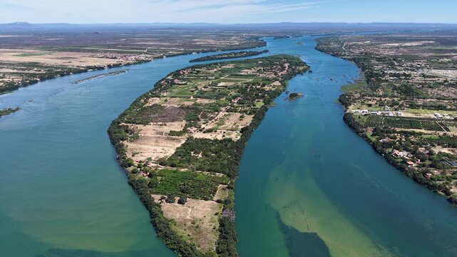 Sao Francisco River In Petrolina Pernambuco Brazil. Aerial View Of Lush Agriculture Field Forming Geometric Patterns. Tropical Eco Tourism. Amazon Forest. Petrolina Pernambuco.