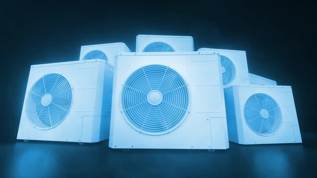 Several white air conditioning outdoor units arranged in a staggered row on a dark reflective floor.