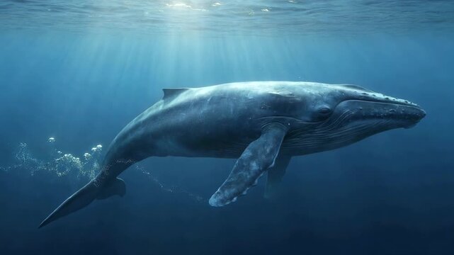 Majestic humpback whale swimming gracefully in the deep blue ocean with beautiful sun rays shining through the water's surface, creating a serene and magical underwater wildlife scene