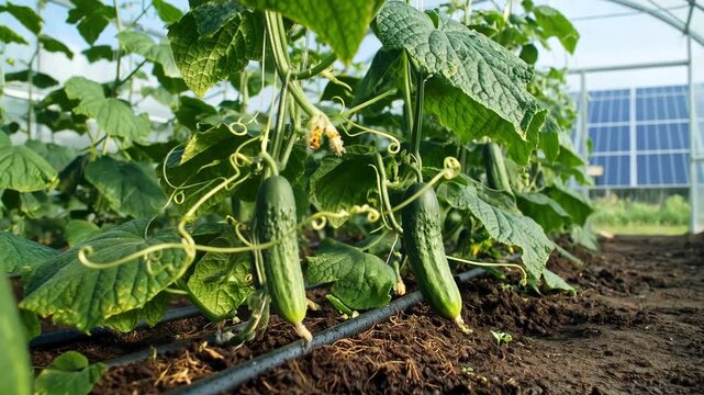Fresh green cucumbers growing on vines in a modern sustainable farm greenhouse with an efficient drip irrigation system and solar panels providing renewable energy for agriculture