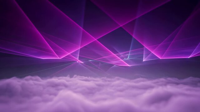 Seamless looping animation showing vibrant purple laser beams creating a dynamic light show and geometric patterns while moving above a sea of thick, glowing clouds in a dark, atmospheric setting
