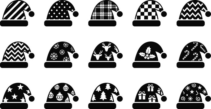 Set of black and white christmas santa claus hats with various patterns isolated on a white background