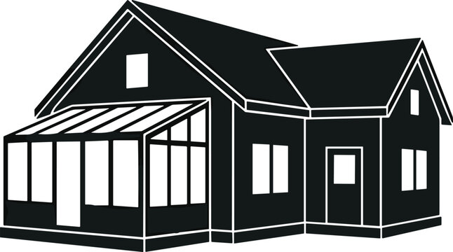 Black house silhouette with glass sunroom addition isolated on white background residential real estate property graphic design element