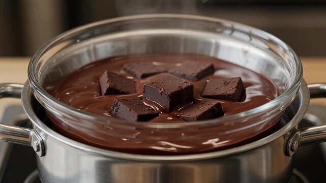 Homemade delicious dessert preparation showing dark chocolate cubes melting in a glass bowl over a steaming bain marie, creating a smooth and glossy liquid ganache for confectionery recipes