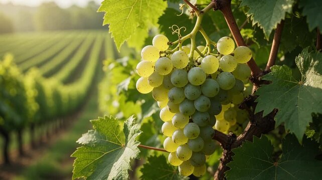 Beautiful bunch of ripe white grapes hanging from a vine, gently swaying in a sun drenched vineyard with neat rows stretching into the background, showcasing the harvest season