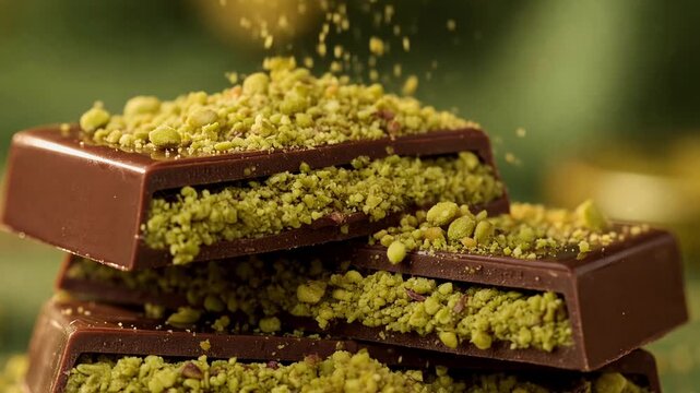 Fine green pistachio crumbs falling in slow motion onto a stack of rich milk chocolate bars, creating an elegant and delicious gourmet confection for a sweet indulgent dessert