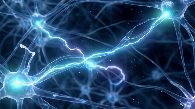 Animated neural network with neuron cells transmitting electrical impulses and synapses. Digital art showing the futuristic science of the human brain and nervous system sending information