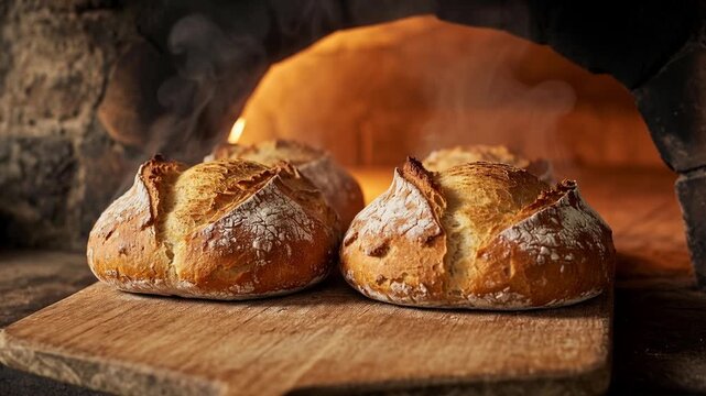 Crispy, hot sourdough bread on a wooden peel being taken out of a traditional stone oven. Warm steam rises from the golden brown crust, showcasing the artisanal baking process in a rustic bakery