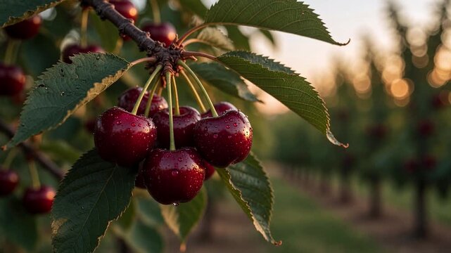 Close up view of fresh, ripe cherries with glistening water drops hanging from a tree branch in a sunlit orchard. The background shows rows of trees with beautiful, warm evening light
