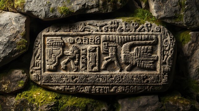 Dramatic Ancient Stone Background with Indigenous Symbols and Natural Moss Textures