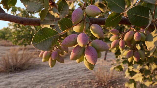 Close up of green and purple pistachio nuts growing in beautiful bunches on a tree branch in an orchard, illuminated by the warm light of the setting sun before the seasonal harvest