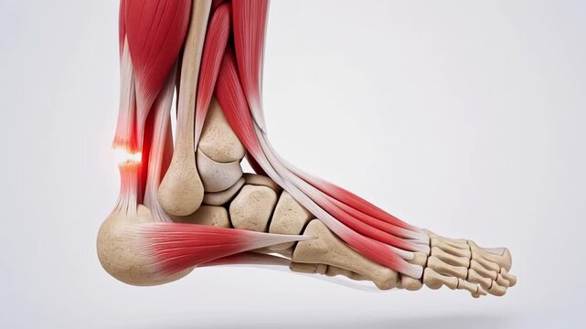 Medical animation showing a detailed view of an achilles tendon rupture on a rotating human foot and ankle skeletal structure, highlighting the painful injury isolated on a white background