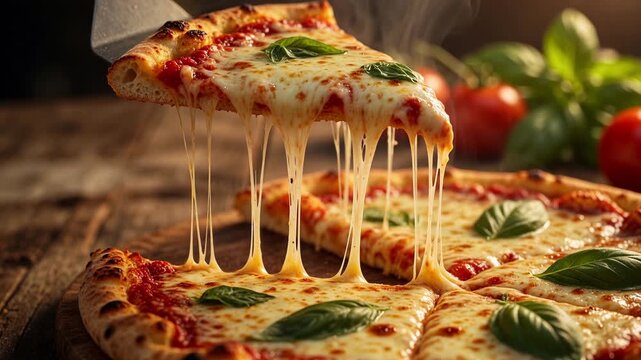 Hot, cheesy slice of authentic italian margherita pizza being lifted with a spatula, creating long strings of melted mozzarella cheese on a rustic wooden table with fresh ingredients