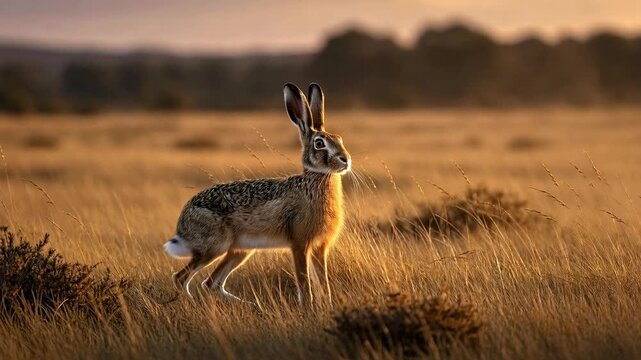 Stunning european hare running through a grassy field during a beautiful golden hour sunset, stopping to look around alertly in its natural habitat with beautiful rim light illuminating its fur