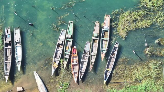 Boats On River In Juazeiro Bahia Brazil. Breathtaking Aerial View Of Boat Sailing In A Wonder Scene. Tropical Eco Tourism. Wildlife Jungle. Juazeiro Bahia.