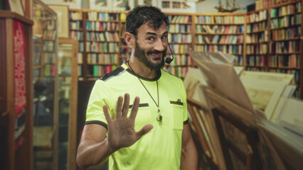 Man with whistle and headset raising open palm to signal stop in a bookstore building lined with bookshelves and leaning frames  authority. © Krakenimages.com