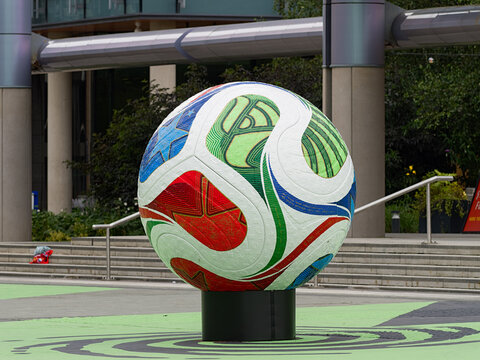 Giant Brazuca ball acting as a public art installation and advertising global soccer events like the FIFA World Cup