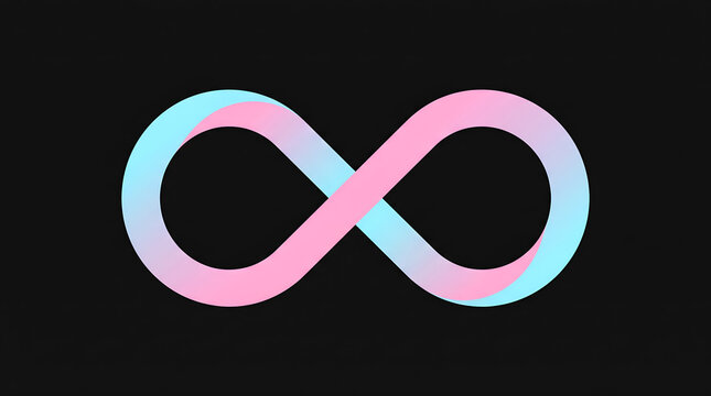 Glowing 3D infinity symbol with pink and blue gradient isolated on black background
