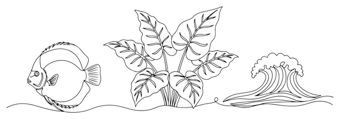 Obraz premium Discus fish tropical aquatic plants and ocean wave in continuous line art style