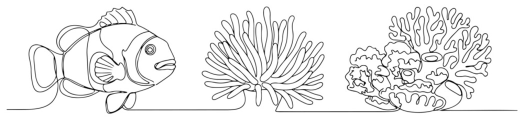 Clownfish sea anemone and coral reef in continuous line art style © Alicja