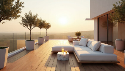 Fototapeta premium Modern rooftop terrace with white sofa and scenic valley view at sunset. Clean outdoor lounge space features glass railing, potted trees, and soft warm lighting perfect for relaxation.