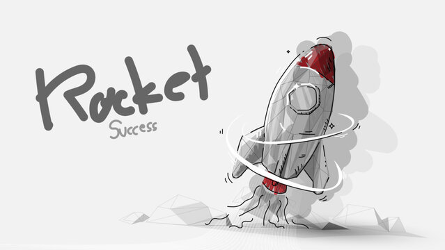 Start-up rocket to business growth, successful launch composition, web service banner