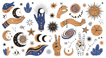 Celestial Mystic Witchcraft Doodle Elements Collection with Hands, Moons, Suns, Stars, and Crystals on an Isolated White Background. © Oska