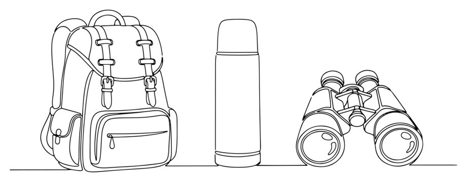 Backpack thermos and binoculars for hiking trip in continuous line art style