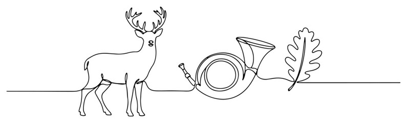 Deer with hunting horn and oak leaf in minimalist continuous line drawing style © Alicja