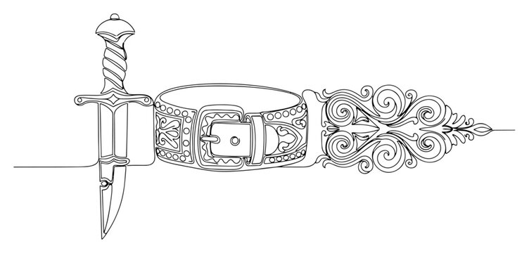 Ornate dagger with traditional belt and decorative scabbard in continuous line art style