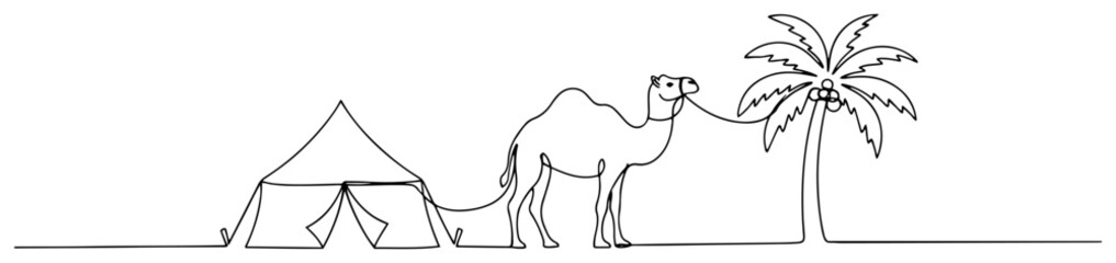 Bedouin tent with camel and palm tree in continuous line art style © Alicja