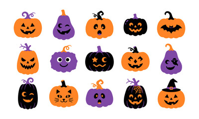 Naklejka premium Set of cute Halloween pumpkin characters with various spooky expressions in orange and purple