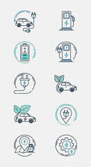 Fototapeta premium Electric car charging and sustainable energy line icon set