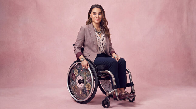 Stylish woman in wheelchair with floral wheel art on pink studio background for confident identity