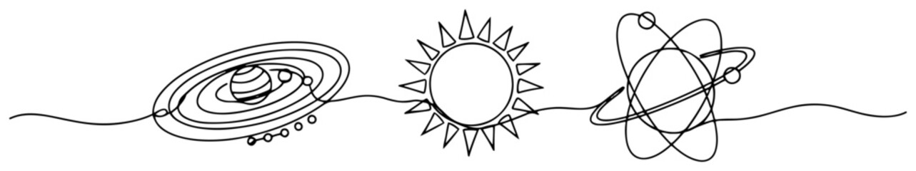 Saturn planet with sun and atom model in continuous line drawing style © Alicja