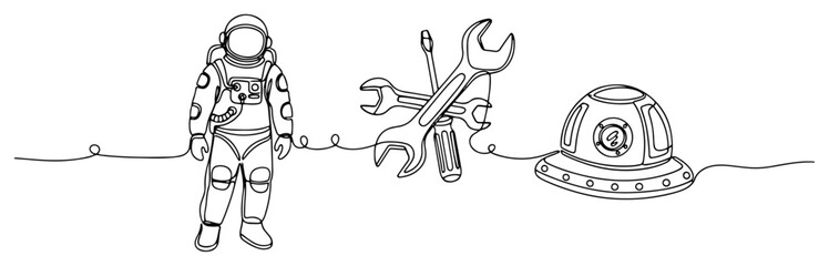 Astronaut space tools and flying saucer UFO in continuous line art style © Alicja