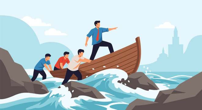 Corporate business team pushing a wooden boat into the wavy sea while their leader points forward to success.