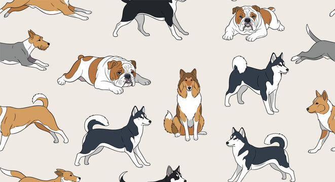 Cute seamless pattern featuring various popular dog breeds such as siberian huskies, bulldogs, and collies in different poses.