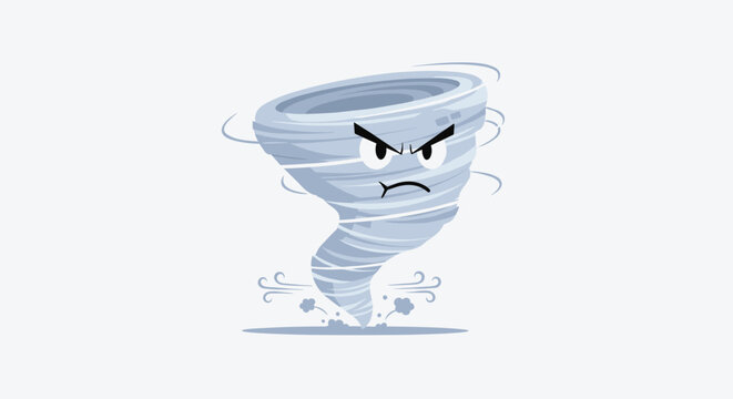 Angry cartoon tornado character representing extreme weather, natural disaster, and wind storm on a light grey background.