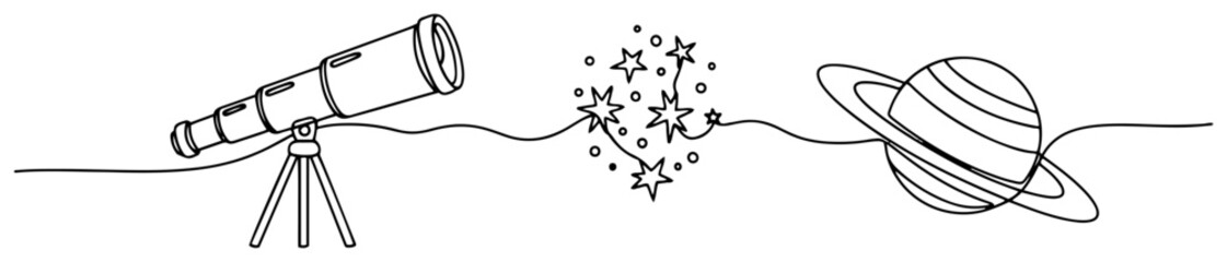 Telescope on tripod with stars constellation and planet Saturn in continuous line art style © Alicja
