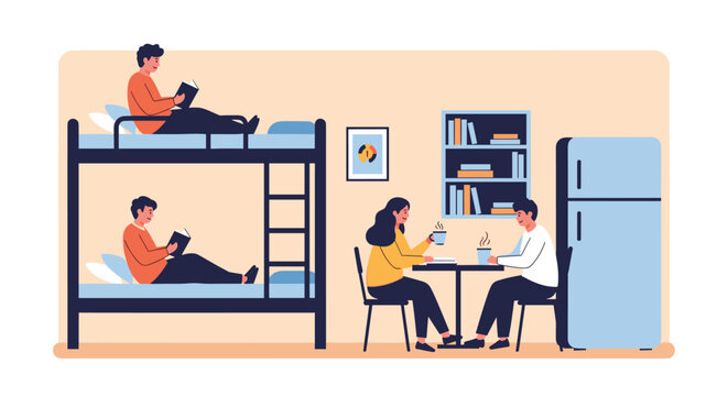 Cozy hostel room with two people reading books on bunk beds and a couple talking while drinking tea at a table.