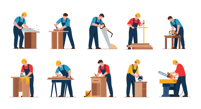 Set of professional carpenters and woodworkers using different hand and electric tools for wood construction.