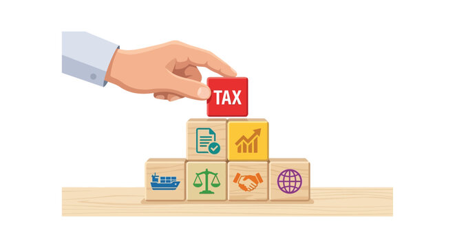 Stacked blocks with icons representing finance and law topped with a tax block vector illustration taxation taxes taxpayer fiscal revenue duty levy assessment financial accounting