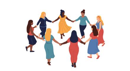 Obraz premium Multiethnic group of diverse young women holding hands while dancing together in a circle on a white background.