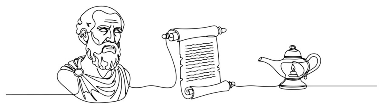 Ancient philosopher bust with paper scroll and oil lamp in continuous line drawing style