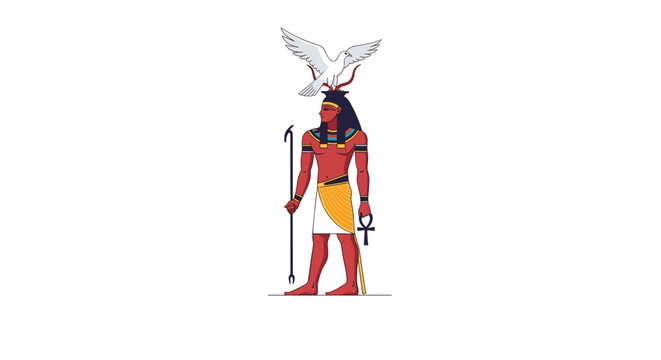 Egyptian god stands holding ankh and scepter while a white bird of peace flies over his head crown in flat illustration.