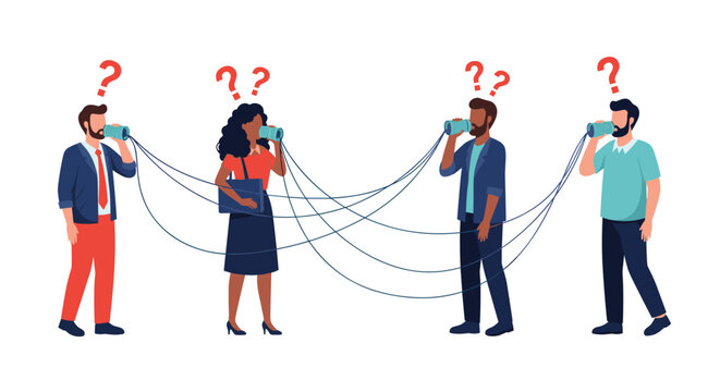 Confused diverse people try to communicate using tin can telephones with highly tangled and messy connecting strings.