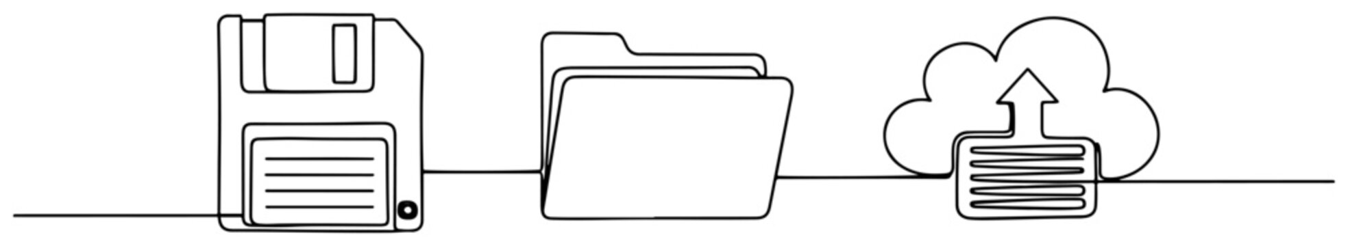 Floppy disk file folder and cloud upload icon for data storage in continuous line art style