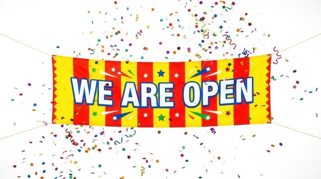 Colorful banner with WE ARE OPEN text and confetti